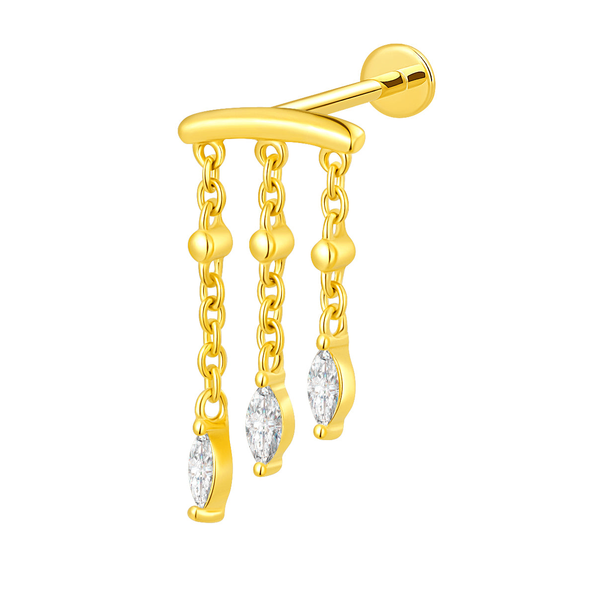 18K Gold Triple Chain Fringe Threadless Top with Marquise Natural Diamonds