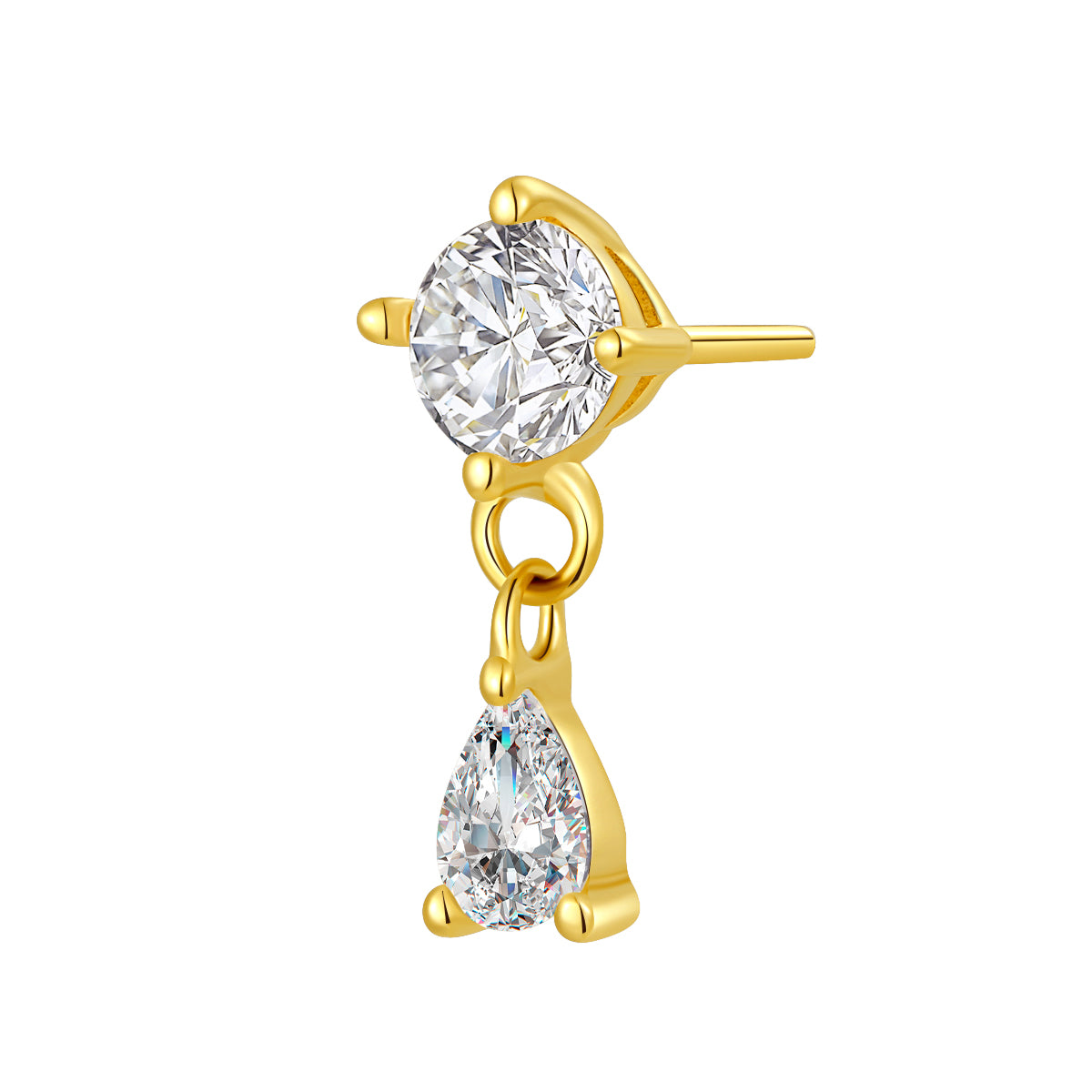 18K Solid Gold Round & Pear Dangle Threadless Piercing Top