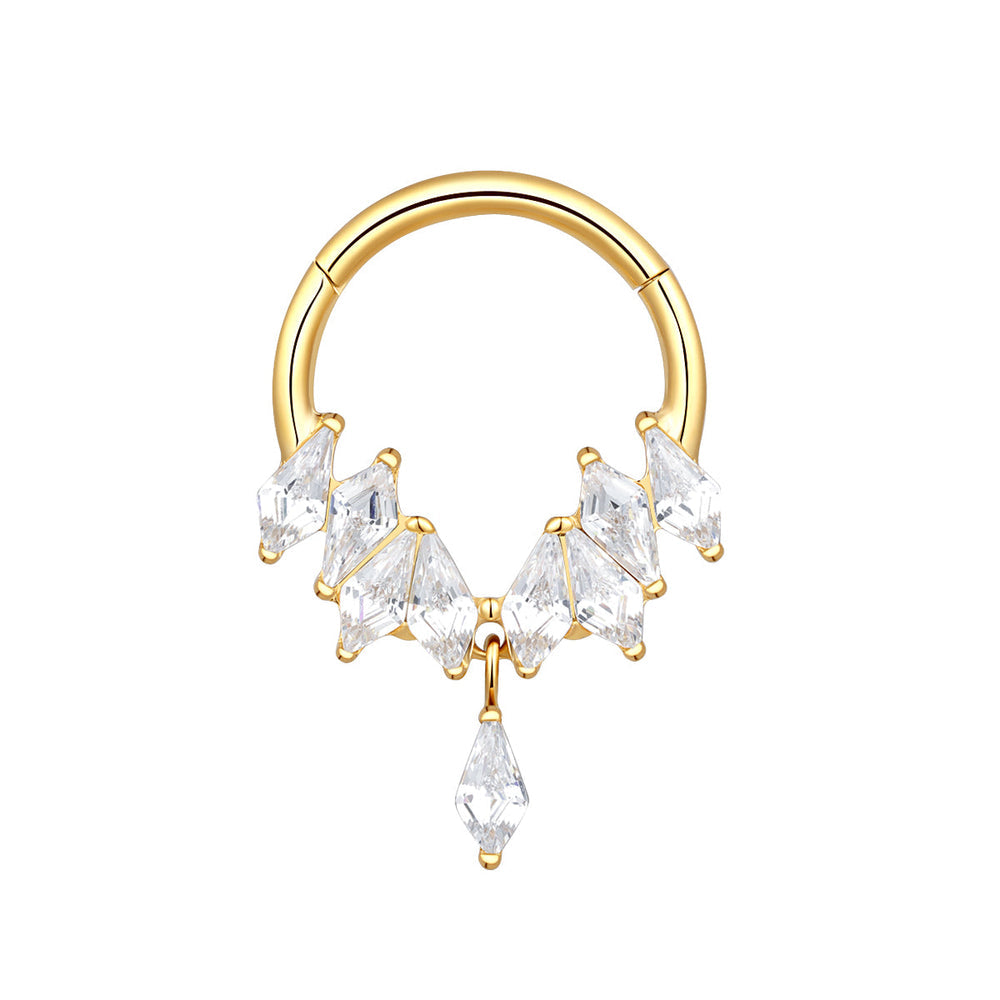 Gold-tone hinged clicker ring with multiple clear geometric stones on a white background