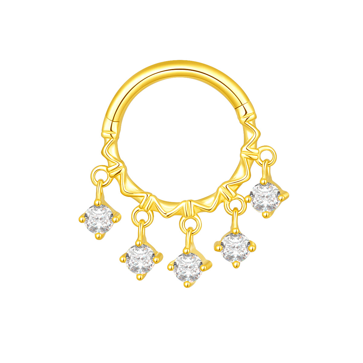 18K Gold Hinged Segment Ring Clicker with Diamond Charm Drops