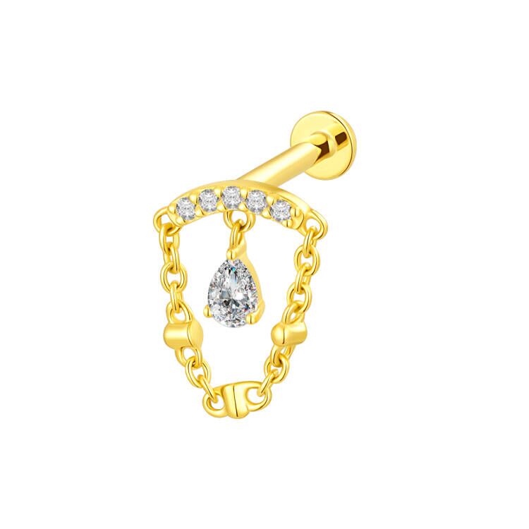 18K Gold Chain Arc Threadless Top with Pear & Round Natural Diamonds