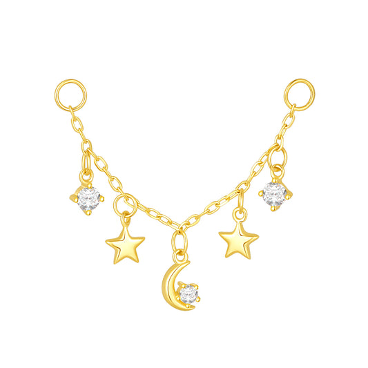 14K Gold Chain Celestial Piercing  with Star & Moon Charms and Lab-Grown Diamonds