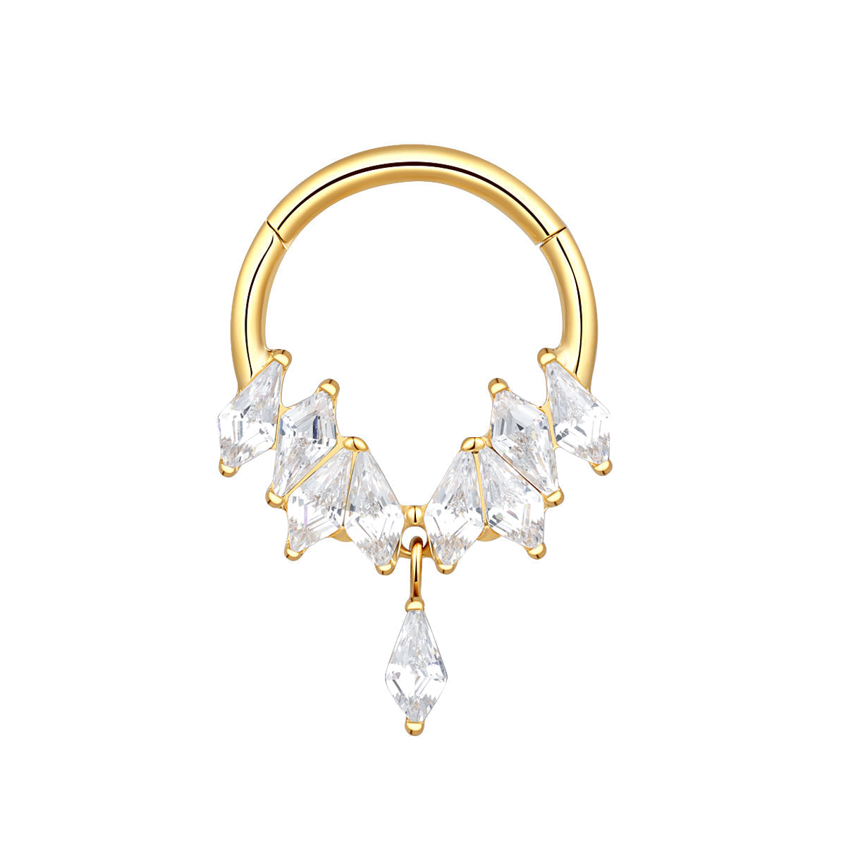 Front view of a gold-tone hinged clicker ring with geometric clear stones